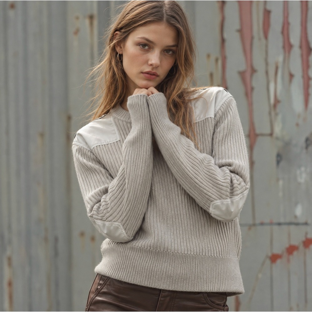 Rag & Bone Paneled Nicole 100% Wool Sweater L Beige Ribbed Satin Patch Military